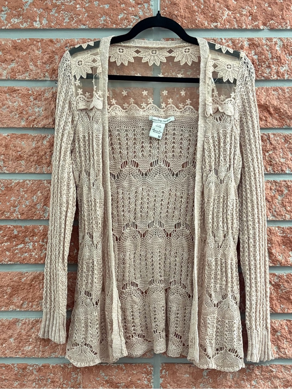 American Rag Beige Crochet Lace-Accent Open Cardigan